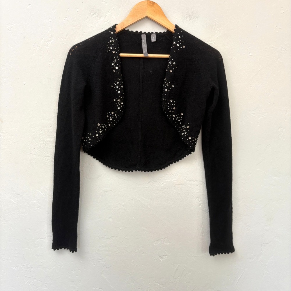 1600 Brand 100% Cashmere Cardigan Bolaro Women Sz Small Black Beaded Long Sleeve